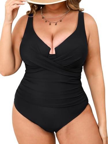 CUPSHE Plus Size One Piece Swimsuit for Women Ruched Underwire Bathing Suit Curvy Tummy Control Swimwear ( Black, 3 XL)