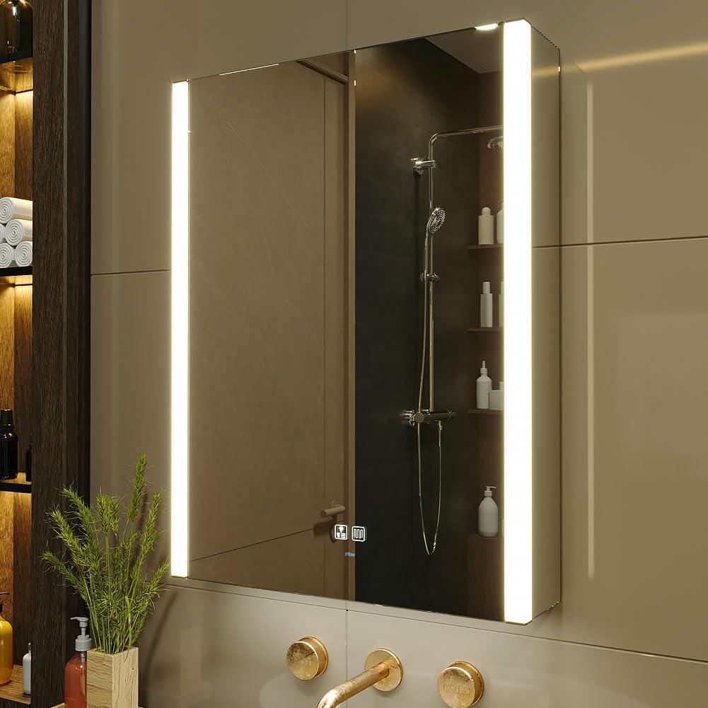 KWW LED Lighted Bathroom Medicine Cabinet with Sockets & USBs, Defogger, Dimmable, 3 Color Light Makeup Mirror, Easy to Install, Wall Mounted Cabinet (22 * 28)