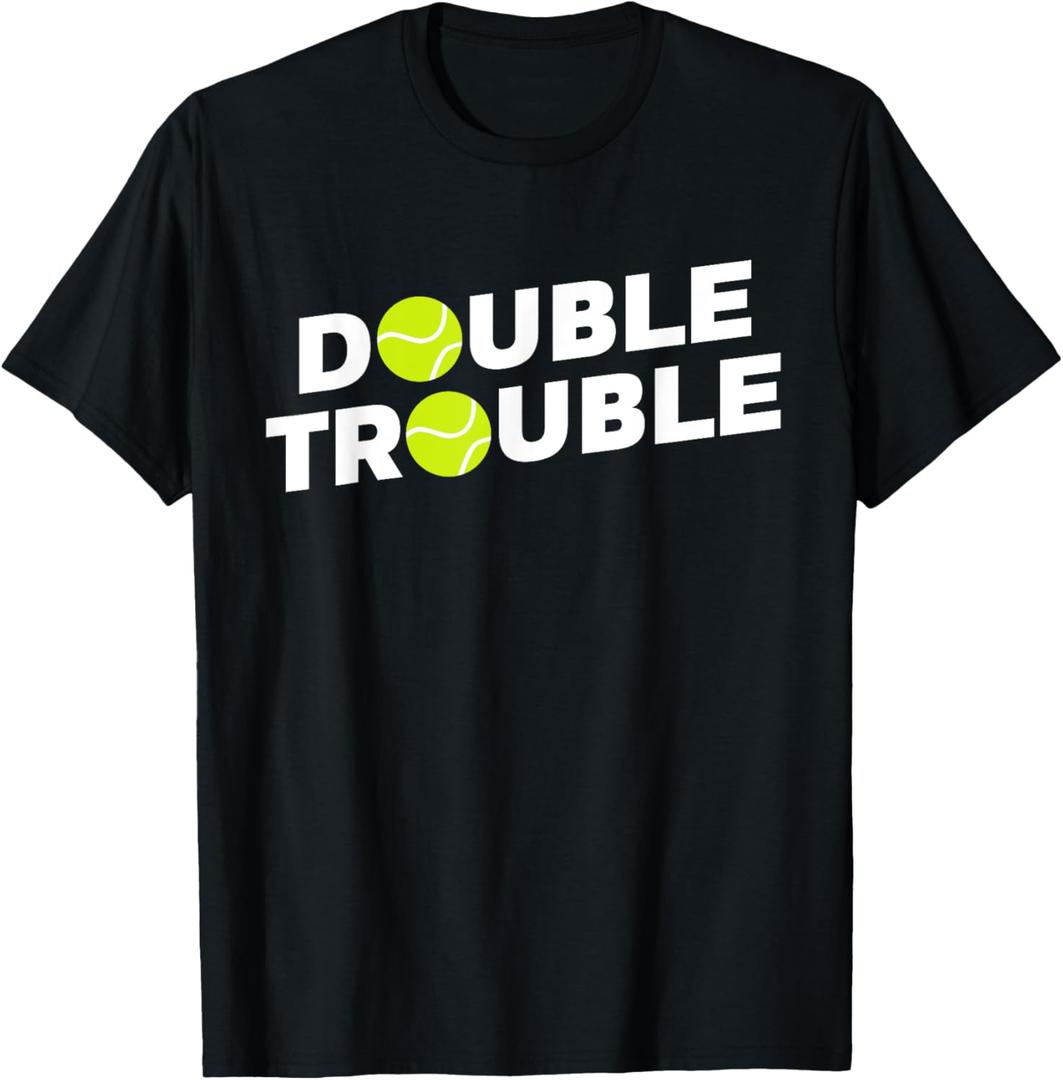 Double Trouble Funny Tennis T-Shirt With Tennis Balls T-Shirt (Small, Black)