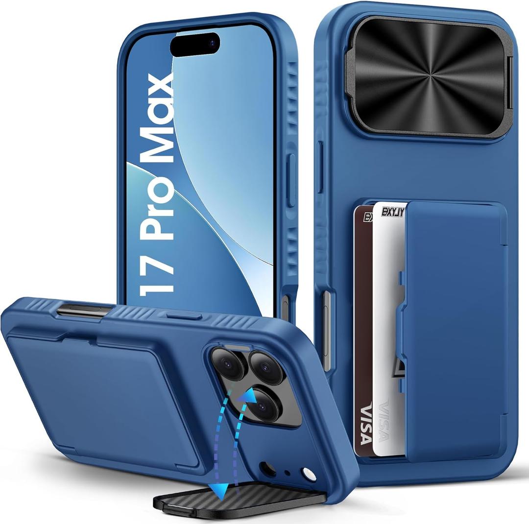 for iPhone 17 Pro Max Case with Card Holder (3-5 Cards), Camera Cover Stand, Military Grade Protection, Shock Proof Heavy Duty Rugged Women Men Wallet Case for iPhone 17 Promax 6.9" 2025, Blue
