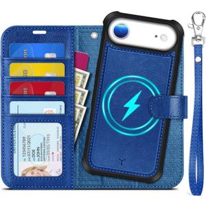 TUCCH 2-in-1 Detachable Wallet Case for iPhone Air (6.5-inch) 2025, RFID Blocking 4 Card Slot | Wireless Charging | Wrist Strap | Kickstand | Magnetic | PU Leather | Protective Cover | Klein Blue
