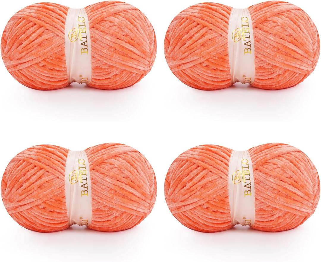 Velvet Chenille Yarn for Crocheting & Knitting 1440 Yards, Soft Thick Fluffy Bulky Blanket Yarn, 4 Pack of 10.5oz (Coral Red)