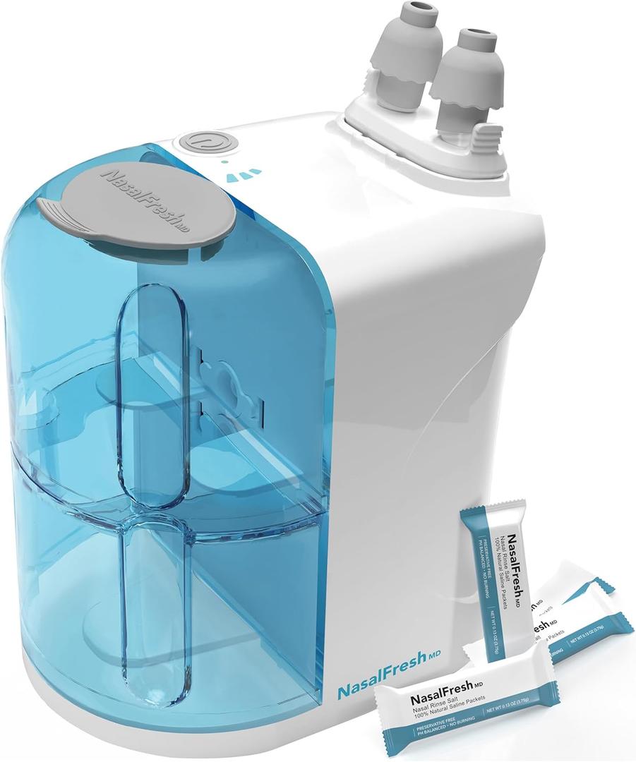 NASALFRESH MD - Dual Powered Nasal Irrigation System Nasal Rinse and Wash - Sinus Decongestant Relief System w/ 30 Saline Packets - Rechargeable - 1 Set of Nose Pillows - Snoring Remedy