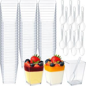 120 Pack 5 oz Plastic Dessert Cups with Spoons Disposable Mini Clear Square Parfait Cups for Yogurt, Ice Cream, Jello, Candy, Salad, Appetizers, Mousse,Snack, Charcuterie, Pudding, Party Serving