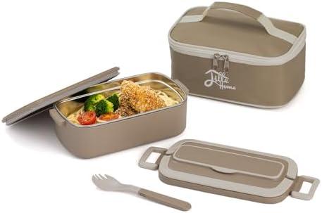 Pack of 2, Lille Home Stainless Steel Bento Lunch Box for Adults, 34oz Portable Food Container with Lunch Bag and Utensils, Ideal for Meal Prep and On-the-Go (Brown)