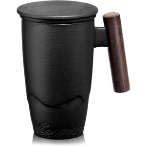 suyika Tomotime Ceramic Tea Cup with Infuser and Lid Tea Mugs Wooden Handle 400ml/13.5oz Black (03-Matte Black)
