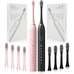 2 Pack Rechargeable Electric Toothbrushes for Adults and Kids, Whitening Tooth Brush with 8 Brush Heads, 6 Cleaning Modes and Smart Timer, Waterproof Cleaning Toothbrushes Set (Black & Pink)