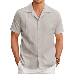 COOFANDY Mens Cuban Guayabera Shirt Short Sleeve Button Down Shirts Casual Summer Linen Shirts (Small, Light Grey)