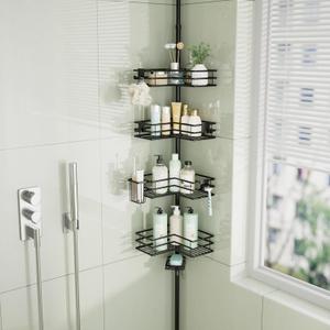 HapiRm Corner Shower Caddy Organizer - Shower Organizer Corner with Soap Holder, Toothbrush Holder and 4 Hooks, Rustproof Bathroom Shelf Tension Pole for 27.6 to 108.3 Inch - Black