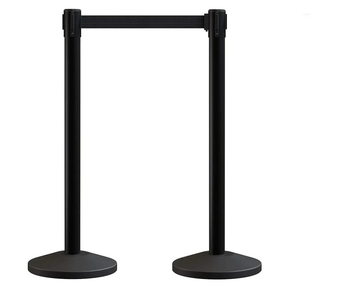 Set of 2 Stanchion Retractable Belt Barriers, 11 Foot Black Belt, Black Post - Premium Crowd Control Barriers, Stanchions with Retractable Belts