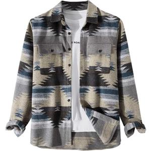 FindThy Mens Brushed Flannel Shirts Ethnic Aztec Print Button Up Lapel Tribal Shirt Jacket Shacket (Small, 01 Grey)