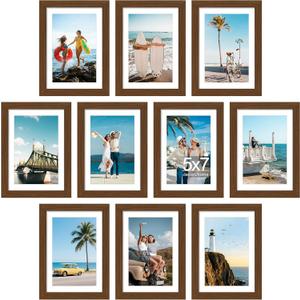 decorUhome 5x7 Picture Frame Set of 10, Display Photos 4x6 with Mat or 5x7 Unmatted for Picture Frames Collage Wall Decor, Brown