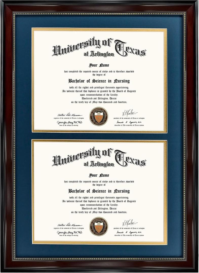 GraduationMall 14x20 Double Diploma Frame, Display 8.5x11 Certificate with Navy over Gold Mat,Tempered Glass,Mahogany with Gold Beads