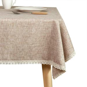 GLORY SEASON Linen Rustic Burlap Washable Tablecloth, Solid Heavy Weight Tan 55 x 70 Rectangle Overlay Lace Edge Table Cover for Kitchen Dinning Decoration