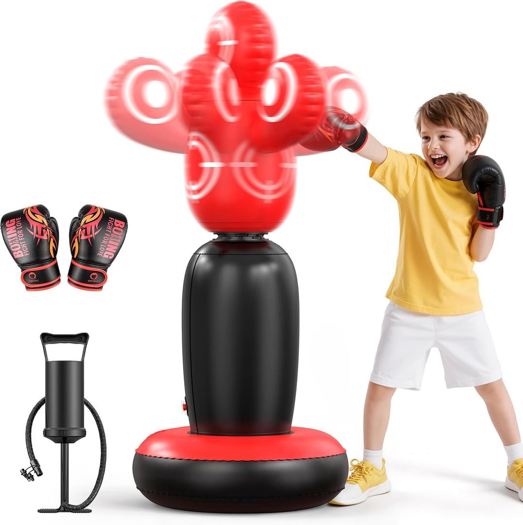 QPAU 360 Rotatable Kids Punching Bag - 64" Boxing Bag with 4 Targets & Kids Boxing Gloves, Inflatable Punching Bags with Hand Pump, Karate Taekwondo Training Gift Boys Girls