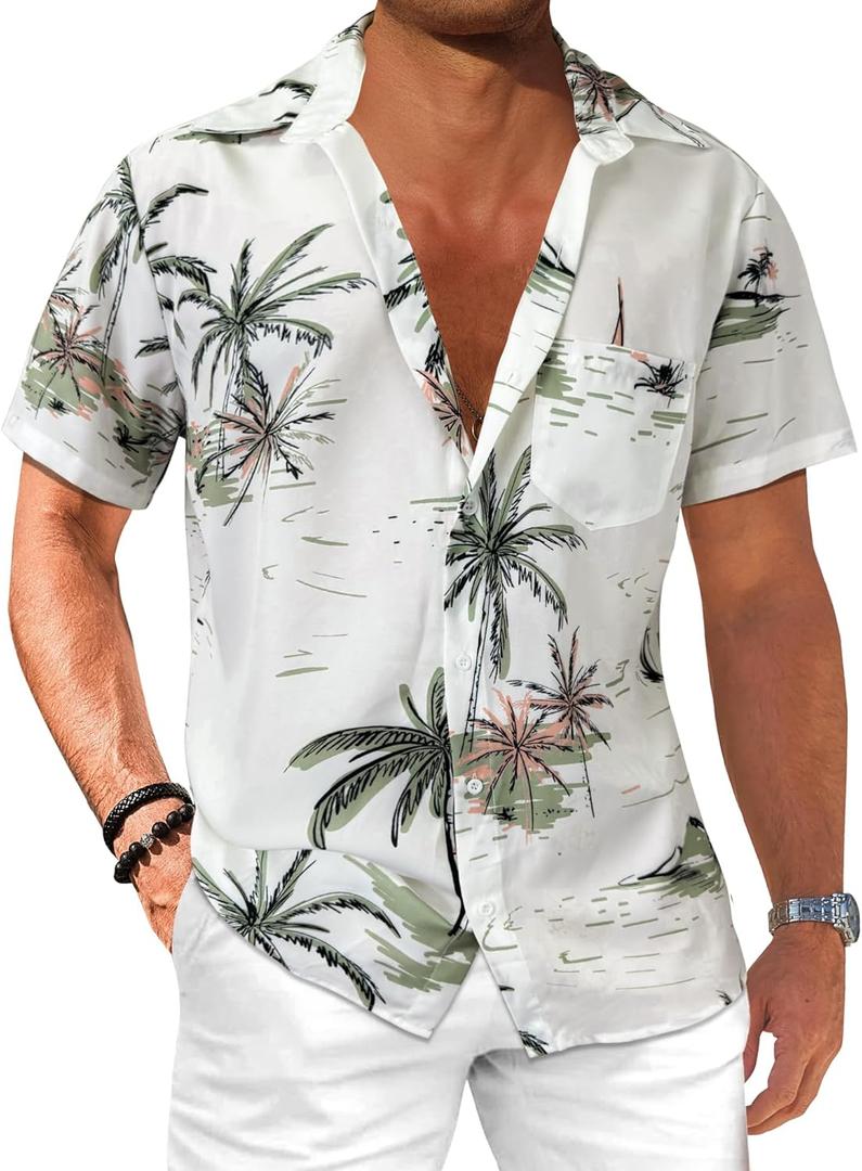 Comdecevis Men's Hawaiian Floral Shirts Short Sleeve Button Down Tropical Summer Beach Shirts (X-Large, Coconut Tree White)