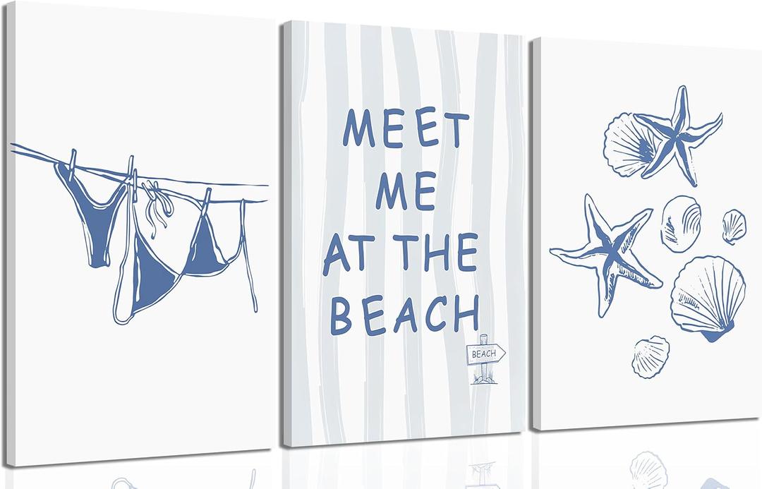 3pcs Blue Trendy Coastal Beach Canvas Wall Art Bikini Seashell MEET ME AT THE BEACH Wall Decor Pictures Coastal Granddaughter Preppy Aesthetic Poster Print for Bedroom Dorm Apartment Home Decoration