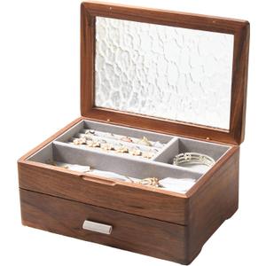Wooden Jewelry Box, Large Size Case, Natural Solid Walnut Wood Vintage Trinket Organizer with 2-Layer Storage, Drawer, Ring Compartments, Necklace Hooks, Glass Lid, ek06-b-walnut
