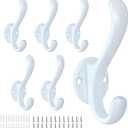 6 Pack Coat Hooks Wall Mount Heavy Duty Utility Retro Double Hooks for Hanging Coats,Hat, Towel, Key, Robe, Scarf, Bag, Cap (White)