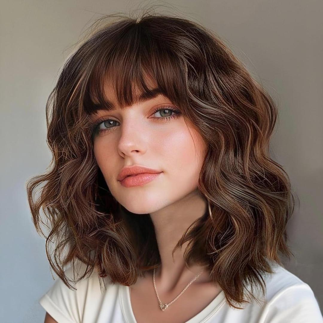 Short Wavy Bob Wig with Bangs for Women, Shoulder Length Synthetic Wig, Brown with Caramel Highlights, Heat Resistant Fiber, Glueless Natural Looking Wig for Daily Wear