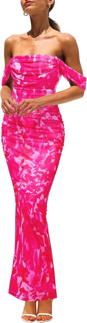 PRETTYGARDEN Cocktail Dresses for Women 2026 Summer Floral Off Shoulder Ruched Mesh Elegant Wedding Guest Maxi Dress (Pink, M)