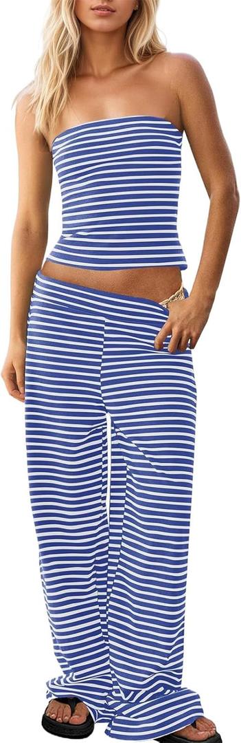 Womens Striped Two Piece Outfit Strapless Tube Top Wide Leg Pants Matching Set Summer Beach Vacation Lounge Wear L