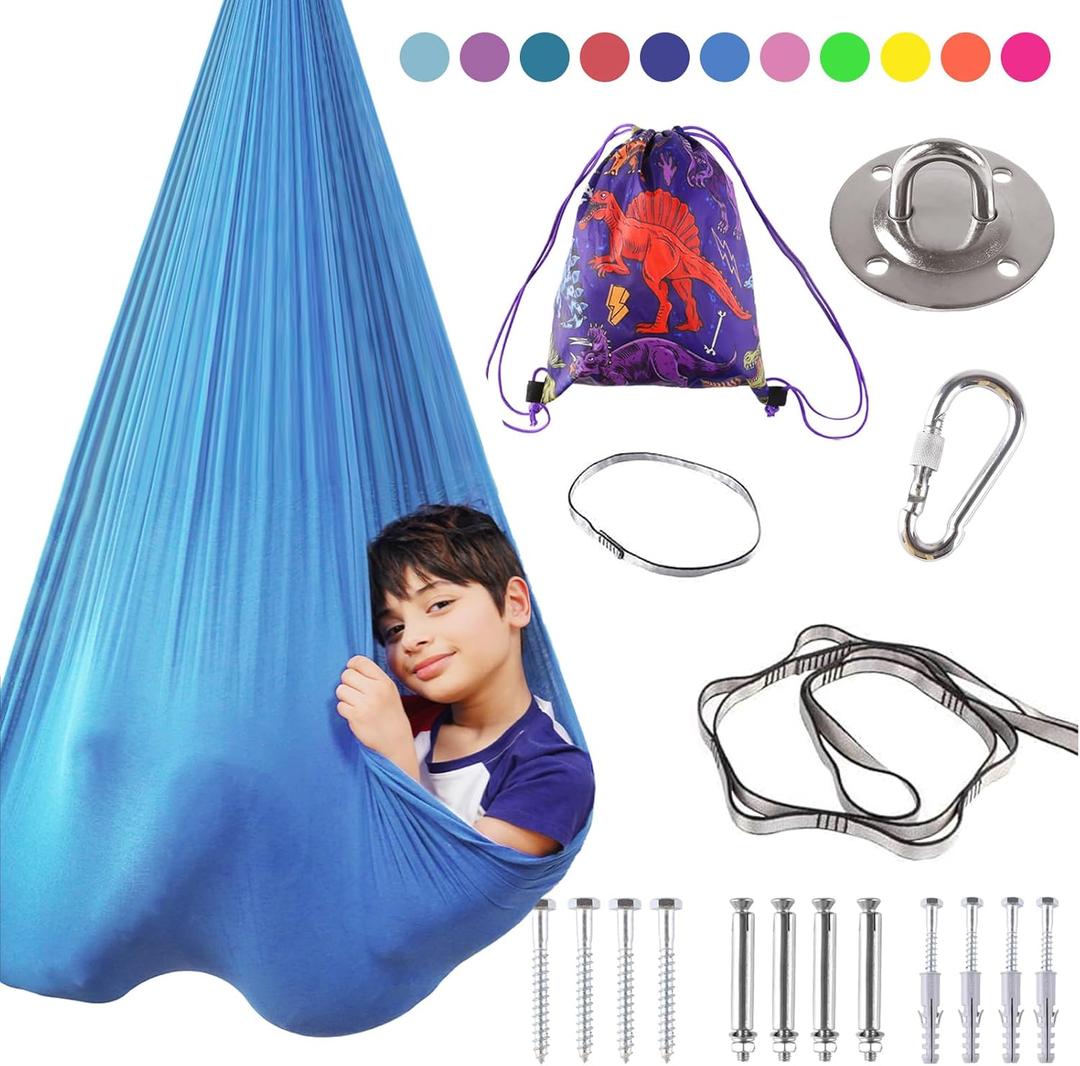 Indoor Therapy Sensory Swing for Kids, Special Needs Joy Cuddle Ceiling Snuggle Swings, Outdoor Room Adjustable Fabric Hammock for Children Child Teens Autism, ADHD, Aspergers, Sensory Integration (Light Blue)