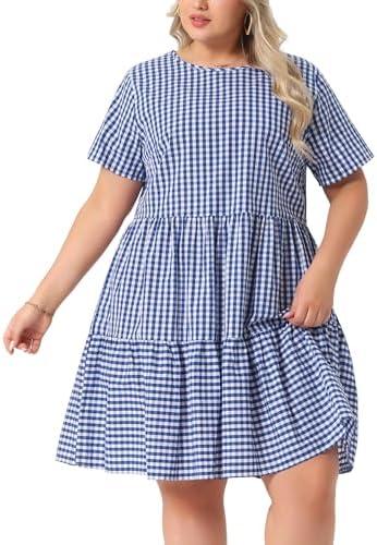 Agnes Orinda Plus Size Gingham Dresses 1950s Vintage Plaid Round Neck Short Sleeve Tiered Midi Summer Dress, 3X
