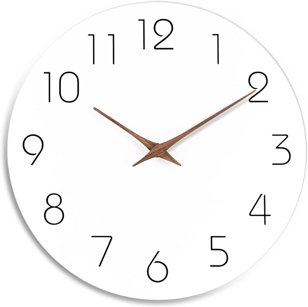 Mosewa Wall Clock 10 Inch Silent Non Ticking Wood Battery Operated Wooden White Modern Office Simple Minimalist Decorative for Kitchen Home Bathroom Living Room