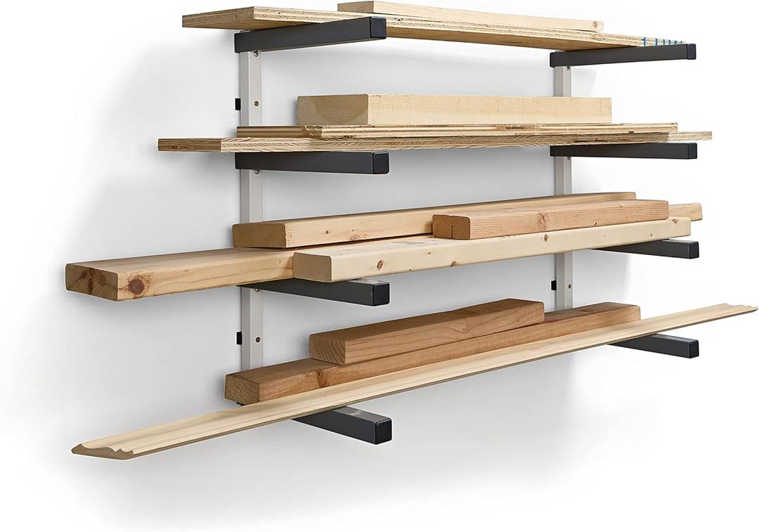 BORA Wood Organizer and Lumber Storage Metal Rack with 4-level Wall Mount - Indoor and Outdoor Use, White & Gray - PBR-0420