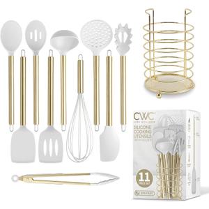COOK WITH COLOR Silicone Cooking Utensils, Kitchen Utensil Set, Easy to Clean Silicone Kitchen Utensils, Cooking Utensils for Nonstick Cookware, Kitchen Gadgets Set with Holder, 10 Pieces (White)