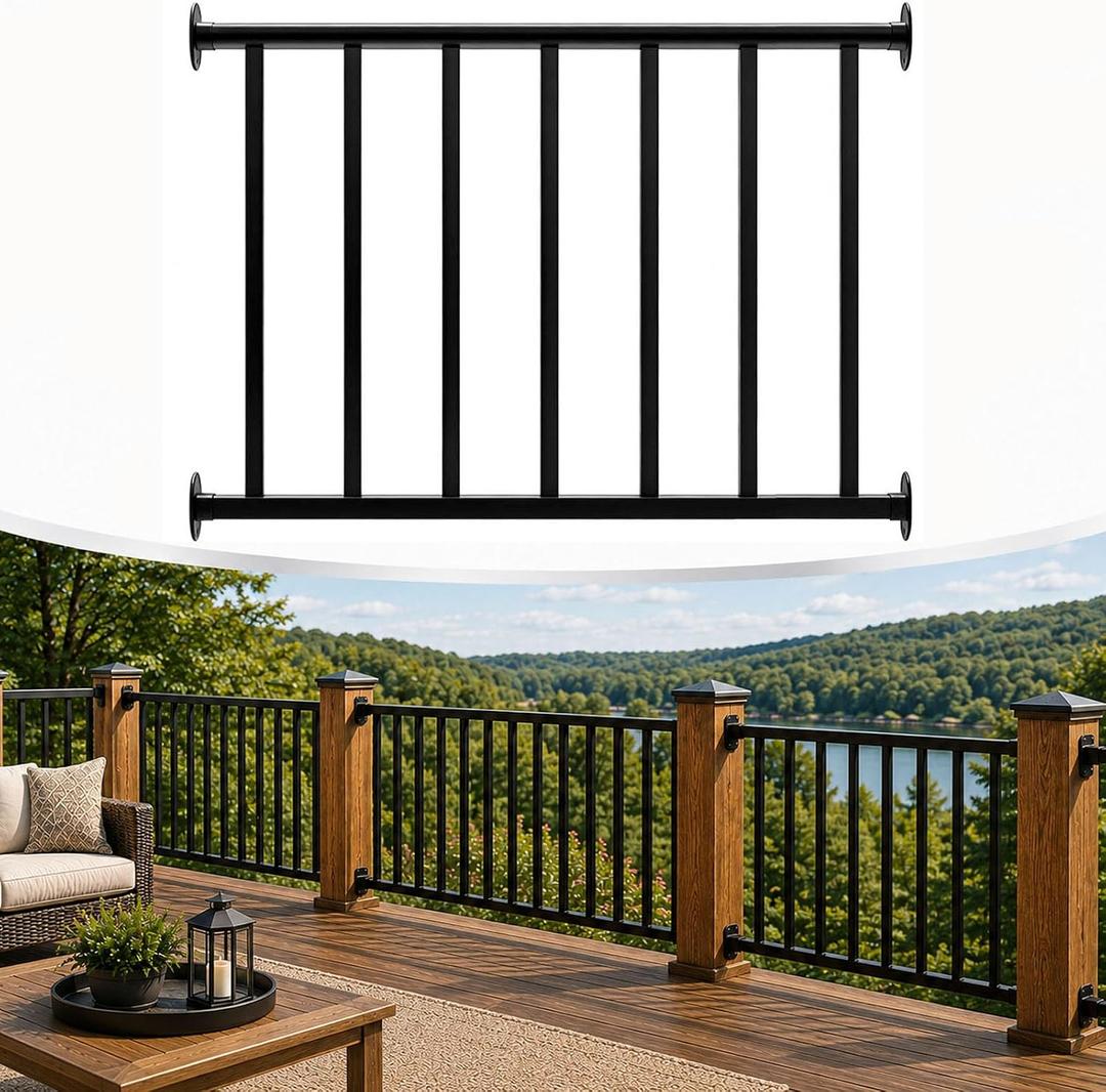Porch and Deck Railing, 3ft W x 36in H Railing with Screws, Black Textured Powder Coating Rail System for Outdoor Decks, Porches and Balconies, Terraces, Gardens