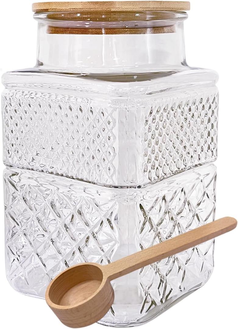 Viovian Large Glass Jar with Wood Lid and Spoon 60 OZ Square Thick Glass Storage Jars Airtight Lids Clear Decorative Vintage Canister for Food Candy Cookie Sugar Coffee Nuts Snack Dog Treat