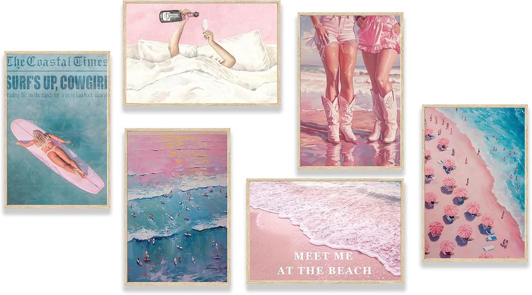 Nekiwa Coastal Canvas Wall Art, Pink Poster Trendy Wall Art, Retro Surf Posters for Room Aesthetic, Surfboard Poster, Beach Art Preppy Wall Decor, Coastal Cowgirl Room Decor for Dorm 12x18in Unframe