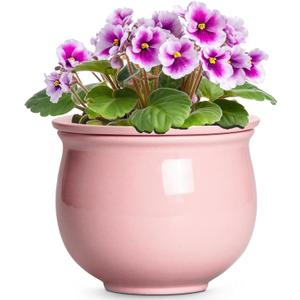 African Violet Pots, 6 Inch Ceramic Easy Self Watering Pots with Absorbent Inner Pot, Round Ceramic Planter for Indoor Plants, Small Flower Pot, Home Decor, Gifts for Plant Lovers, Pink