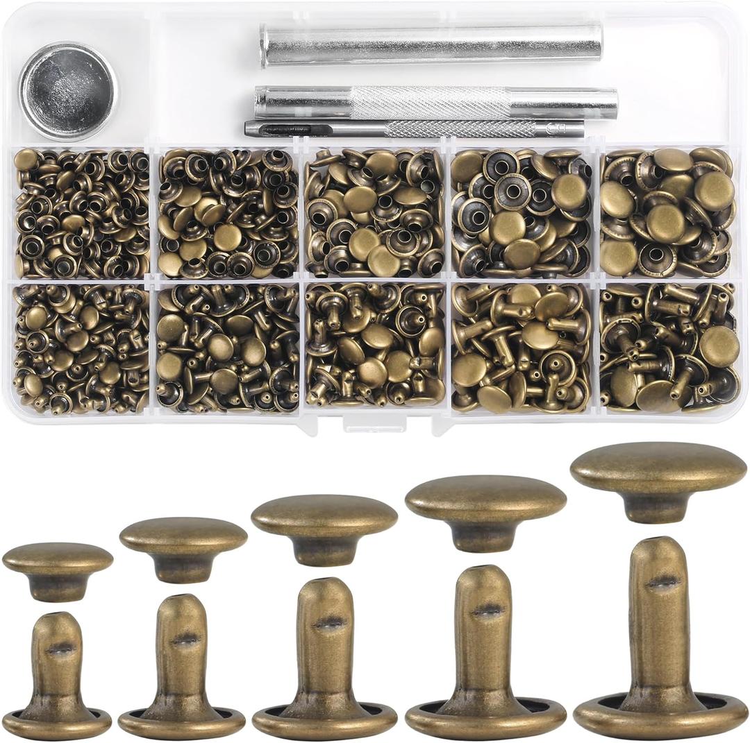 YORANYO 340 Sets Leather Rivets Kit Mixed Sizes Rivets for Leather Double Cap Rivets Studs for Clothing Fabric with Leather Crafting Rivet Tool for Repair Decorate Clothes Shoes Bags Belts (Bronze)