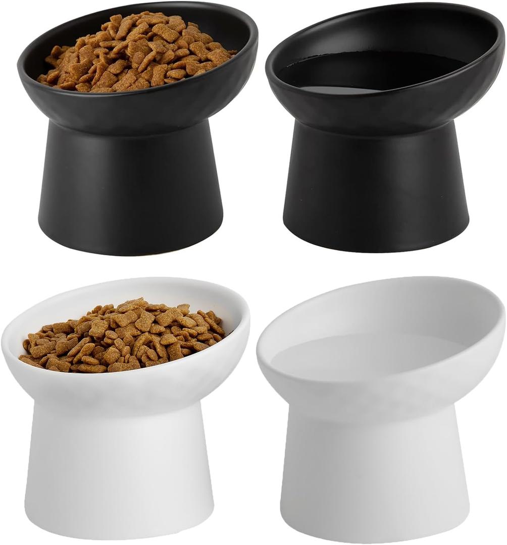 4 Pcs Small Ceramic Raised Cat Bowls, Tilted Elevated Food or Water Bowls, Stress Free, Backflow Prevention, Dishwasher and Microwave Safe, Lead & Cadmium Free(2pc Black + 2pc White)