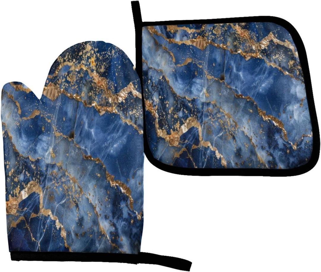 Perinsto Blue Gold Marble Print Oven Mitts & Pot Holders Kitchen Set Heat Resistant Decorative Cooking Gloves Microwave Oven Gloves for Baking Grilling BBQ