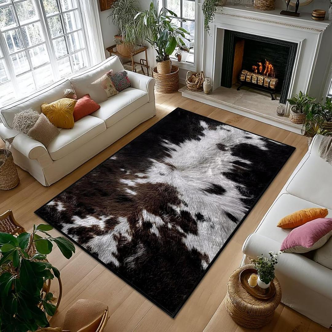 Cowhide Area Rug 5x7,Cow Print Area Carpets for Bedroom, Living Room Carpet Western Rug Rustic Ultra-Thin Washable Throw Floor Rugs Indoor Non Slip Accent Floor Mats for Dining Room,Laundry (Black White Brown)