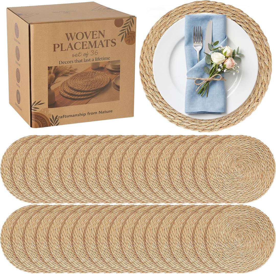 36 Pack 12IN Round Woven Placemats, Natural Bulrush Boho Farmhouse Mats