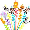 Fancy Land Safari Animal Straws Reusable Crazy Jungle Plastic Straws Bulk for Kids Woodland Birthday Party Favors 24 Pcs