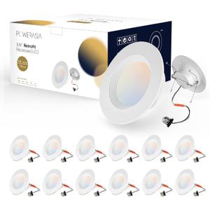 POWERASIA 12 Pack 6 Inch 5CCT Dimmable LED Recessed Lights, Metal LED Retrofit Can Lights 12W=75W, 1200LM, Selectable 2700K-6000K, ETL and Energy Star Certified