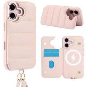 Crossbody Wallet Case for iPhone 16 with Strap,RFID Blocking Leather Flip Case for Women with Card Holder,Magnetic Purse Shockproof Cover with Kickstand,Lanyard,Pale Pink