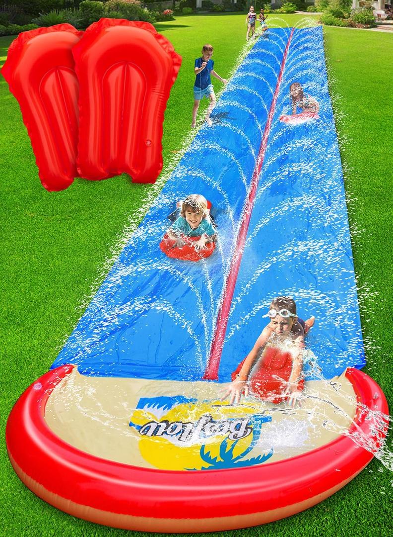 Spring Water 32FT Slip and Water Slide for Kids and Adults, Extra Long Heavy Duty Lawn Water Slides with Sprinklers, 2 Lane Slip Splash Slide with Inflatable Bodyboards, Summer Outdoor Backyard Toys, 32ft-Double Lane