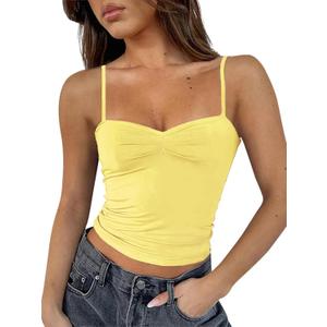 ForeFair Women Y2K Sweetheart Neck Sleeveless Crop Tank Tops Backless Spaghetti Strap Pleated Bustier Camis Going Out Top (Yellow, L)
