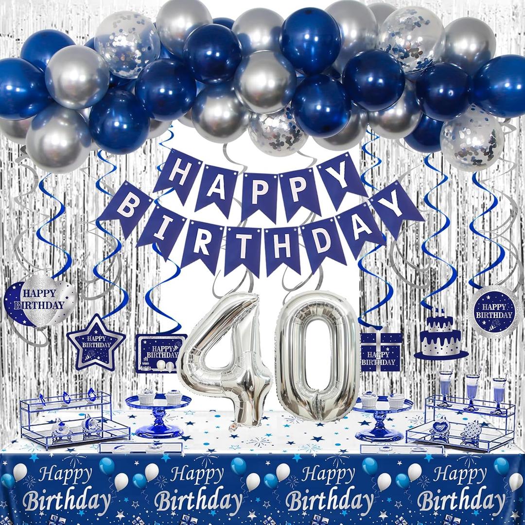 40th Birthday Decorations for Men, Blue and Silver 40th Birthday Party Decorations for Him, Happy Birthday Banner 40th Birthday Balloons Tablecloth Fringe Curtains Hanging Swirls Bday Party Supplies