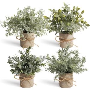 4Pcs Small Fake Plant for Home Decor, Artificial Plants Indoor for Shelf Decor, Small Artificial Plants in Pots for Kitchen Bathroom Laundry Farmhouse Room Decor