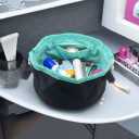 Large Barrel Drawstring Makeup Bag for Cosmetics - Cosmetic Travel Bag for Women - Portable Make Up Organizer Bag for Skin Care & Toiletries with Brush Holder & Pouch (Black)