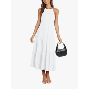 Liooil Women's Summer Sexy Halter Neck Spaghetti Strap Open Back Maxi Dress Tiered Long Beach Sun Dresses XS, Whit