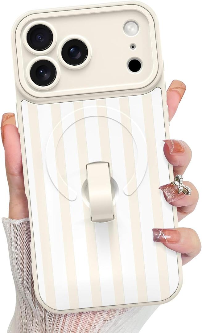 KANGHAR Compatible with iPhone 17 Pro Max Case, Support for MagSafe, Silicone Stripes Cute Pattern, Wristband Kickstand Camera Protection Soft Slim Cover for Girls Women -White